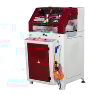 18" Atech #CRATER-06-A, pneumatic miter upcut saw, cast iron tabletop, 3 HP motor with 1" arbor, twin