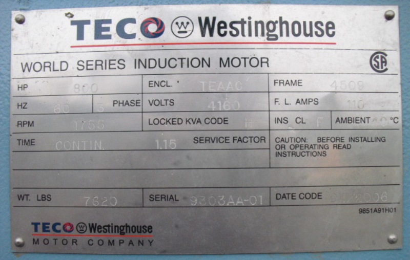 800 HP 1800 RPM Teco, Frame 4509, TEFC-TC, Hi-Torque, new Surplus, 4160 Volts