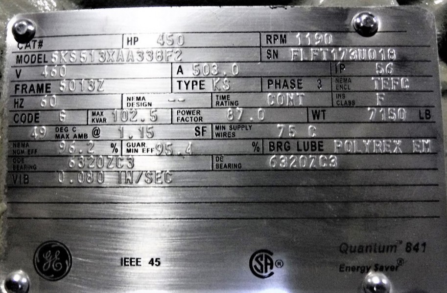 450 HP 1200 RPM General Electric, Frame 5012/13Z, TEFC, 460 Volts, New