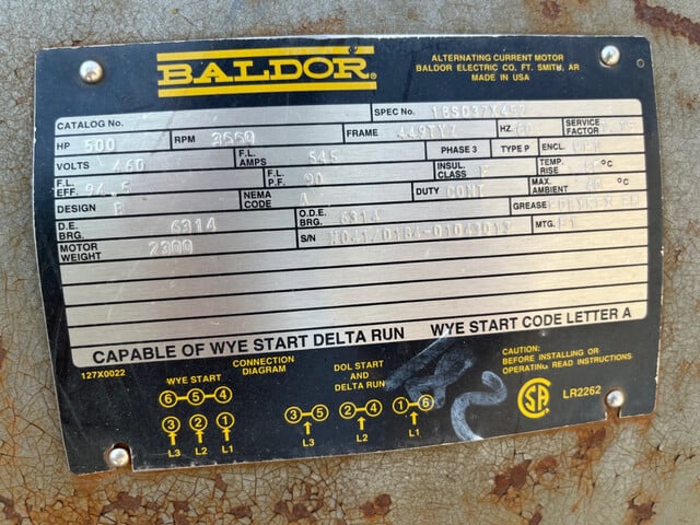 500 HP 3600 RPM Baldor, Frame 449TYZ, ODP, BB, 1.15 service factor, new surplus, 460 Volts