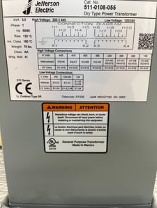 3 KVA 220/440 Primary, 120/240 Secondary, Jefferson, dry type transformer, 1 phase, New, Ready To Ship
