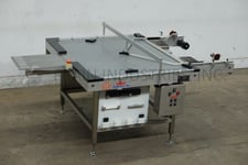 Dabrico #DFD50, Stainless Steel, table top belt unscrambleing acummulation conveyor, 18" L x 22" W platform