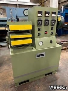 20 Ton, PHI #20UI212S-3HH0-G-MS1-X-3A, heated platen press, slabside, 2 opening, 4" stroke, 14" daylight