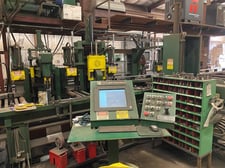 Whitney Three Press Beam Line, 100 ton capacity, 18" throat, 10' long conveyor