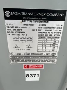75 KVA 480 Delta Primary, 240 Delta Secondary, MGM, 120v center tap, reconditioned