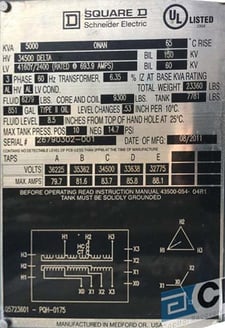 5000 kVA, 34500 Delta Primary, 4160/2400 Wye Secondary, SQUARE D Substation