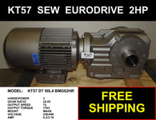 2 HP 1720 RPM Sew Eurodrive, Frame M4AB, TEFC, 24:1 ratio, 230/460 Volts Helical Bevel Gearmotor (2 units)