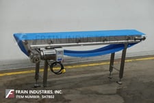 14" wide x 7.1' long, Dorner #820-394/A, Stainless Steel table top conveyor, mounted on leveling legs