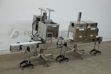 Axon #EZ300, automatic, tamper evident shrink neck bander or sleeve label applicator with shrink tunnel