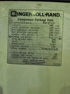 100 HP Ingersoll-Rand #SSR-EP100, screw type, air cooled, s/n Ck3512u00195, 64812 hours, 2000