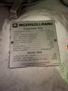 100 HP Ingersoll-Rand #SSR-EP100-2S, screw type air compressor, air cooled, s/n f3808u91