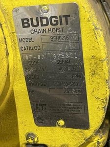2 Ton, Budgit #BEH0216, electric hoist with trolley & pendent controls