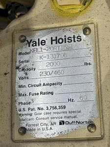 1 Ton, Yale #KEL1-20RT15SL, electric hoist with power trolley, pendant controls