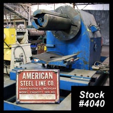 20000 lb. American Steel Line #1000, single uncoiler w/ coil car, 36" width, 15" ID, 3-arm hydraulic expansion