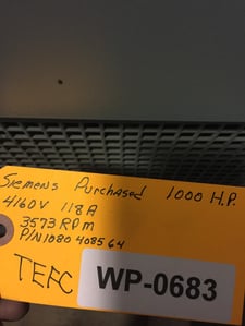 1000 HP 3573 RPM Siemens, 4160 Volts 1080-4085-64 Atlas Copco, IRA3 354 2KF90-Z, WP683