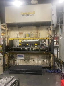 300 Ton, Rousselle #G2-300, gap frame press, 10" stroke, 23" Shut Height, 100" x42" bed, 6" adj., 19 SPM