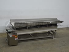 25" wide x 9.8' long, Smalley #EMC2+, Stainless Steel, trough style vibratory feed conveyor with (12) product