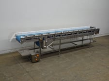 24" wide x 9.2' long, Two Rivers Enterprises, belt conveyor, 45" infeed/discharge height, 6" H UHMW product