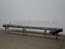 12" wide x 19.5' long, Nercon, table top conveyor, painted frame, 30"-38" infeed/discharge height range