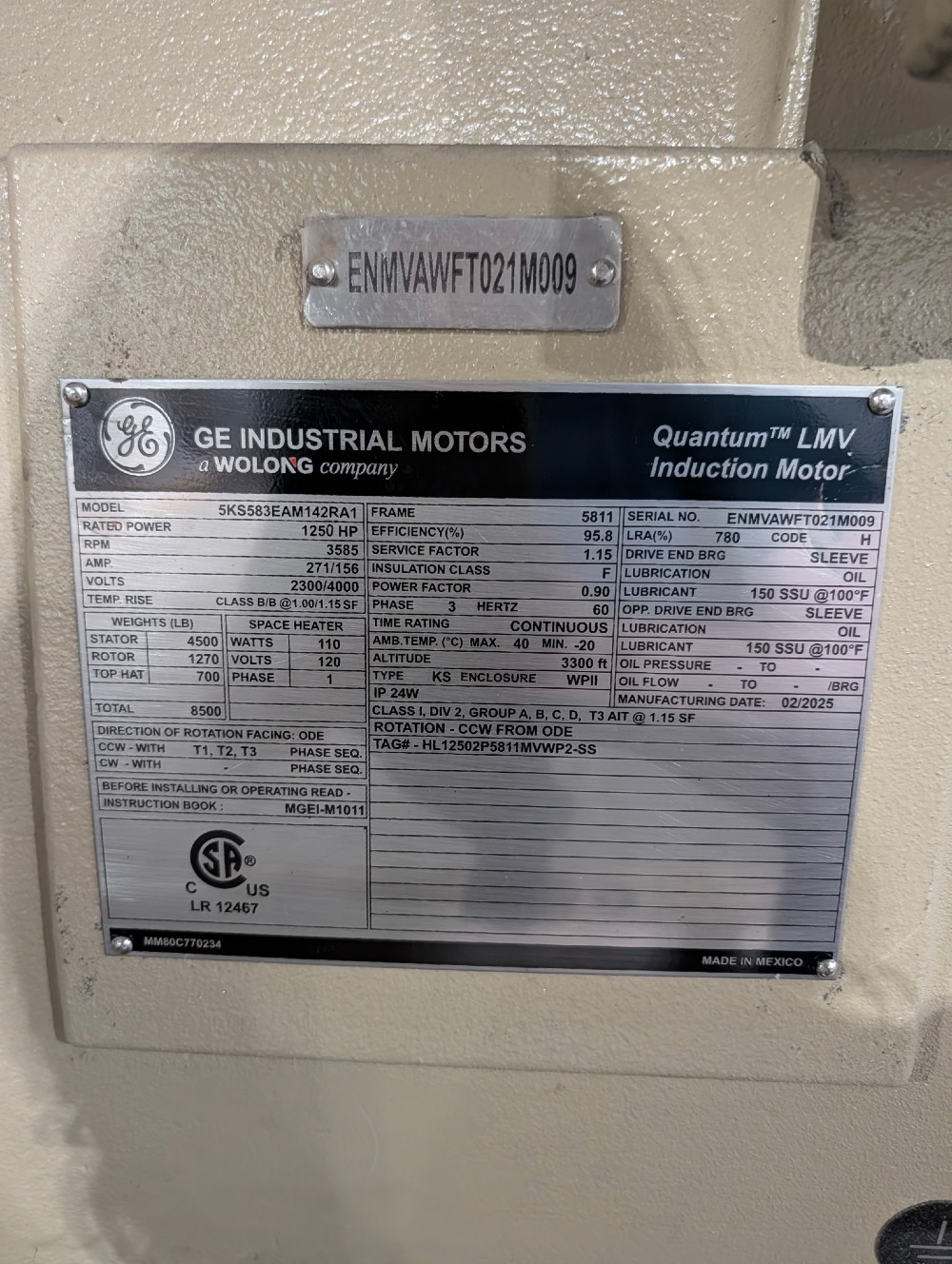 1250 HP 3600 RPM General Electric, Frame 8210/11S, weather protected enclosure type 2, Sleeve, 2300/4160