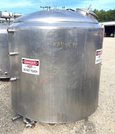1200 gallon St Regis, Stainless Steel Sanitary Jacketed Tank, 6' 2" diameter x 5' 6" T/T, 2" side bottom