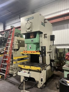 220 Ton, Seyi, gap frame press, 8.66" stroke, 17.72" Shut Height, 4.33" ram adj., 25-55 SPM, air clutch
