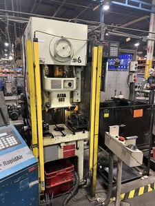 38 Ton, Aida #NC1-350(1)E, single crank gap frame press, 1.9" stroke, 8.2"Shut Height, 14.9"x1.8"ram