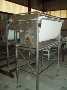 48" wide x 3' long, Belt Conveyor, (2) 2" diameter Pipes, (11) lanes trough discharge, 1 HP, 1720 RPM