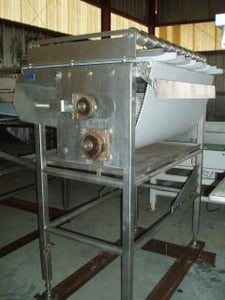 48" wide x 3' long, Belt Conveyor, (2) 2" diameter Pipes, (11) lanes trough discharge, 1 HP, 1720 RPM