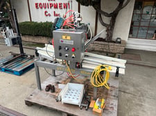 Meheen #M4, Filler, Crowner & Rinser, 4-Head Inline, 36" L flat discharge table, 6" H labels, 3-1/4" width X