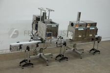 Axon #EZ300, automatic, tamper evident shrink neck bander or sleeve label applicator with shrink tunnel