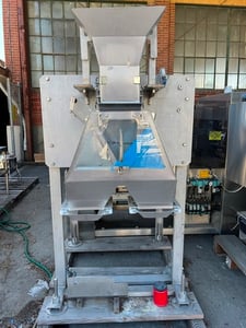 Hopper, Stainless Steel, dual discharge lanes, 18" x 14" top opening, 8" x 8" vertical drop zone, (2) 12" x