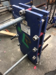 54 sq.ft., Alfa-Laval, M10-BFG, plate heat exchanger, 150 psi, 300°F, Carbon Steel frame, 316 Stainless
