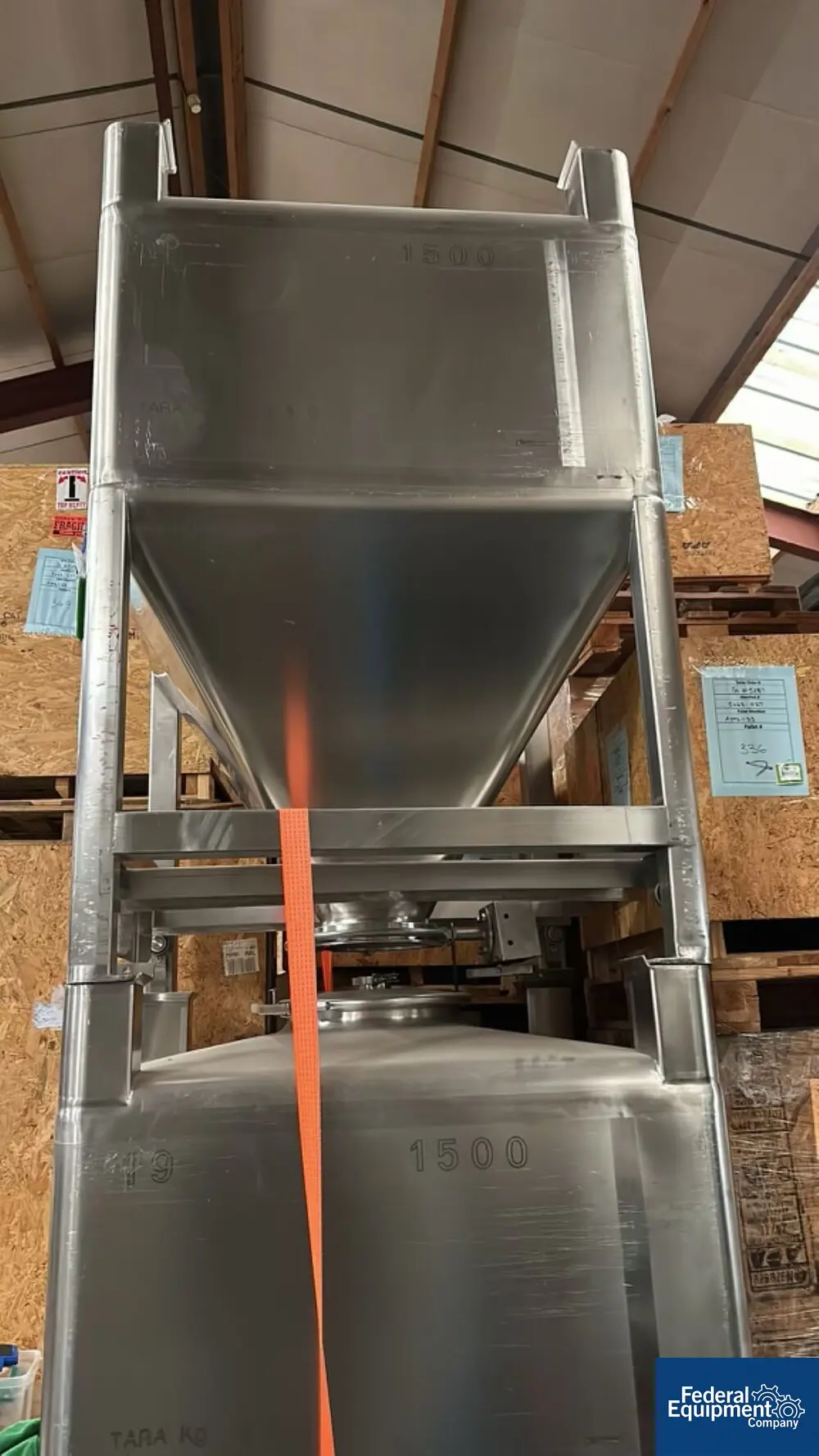Zanchetta Bin, Stainless Steel, 1500 Liter, 47" x 47 x 25" straight side, 32" cone bottom, 16" top opening