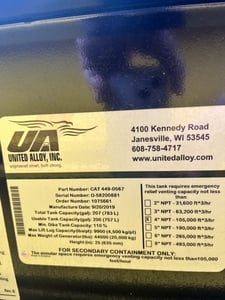 200 gallon Double wall sub base diesel fuel tank, 150" L x 80" W x 37" H, new surplus