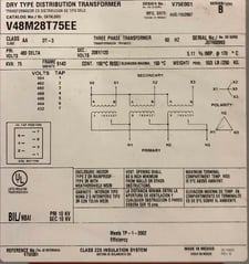 75 KVA 480 Delta Primary, 208Y/120 Secondary, Dry type transformer V48M28T75EE, 2007