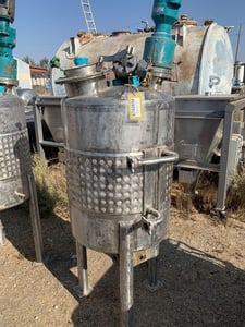 100 gallon Stainless Steel Jacketed & Agitated Tank, 28" diameter x 32" straight side, 2" diameter Center