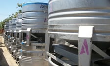 200 gallon Ucon, Stainless Steel Tote Bin, 46" diameter x 24" straight side, 15" top inlet, 2.5" side bottom