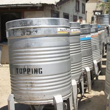 211 gallon Thielmann, Stainless Steel Tote Tank, 38" diameter x 34" straight side, 15" top inlet, 2.5" side