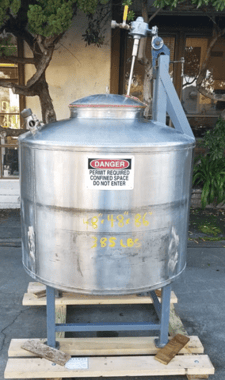 225 gallon Stainless Steel Tank, 46" diameter x 30" straight side, 18" diameter Center top opening, 2" & 1"