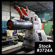 20000 lb. Bradbury #SR20, uncoiler, 48" width, 72" outside dimensions, 18.5"-24.5" ID, holddown & coil car