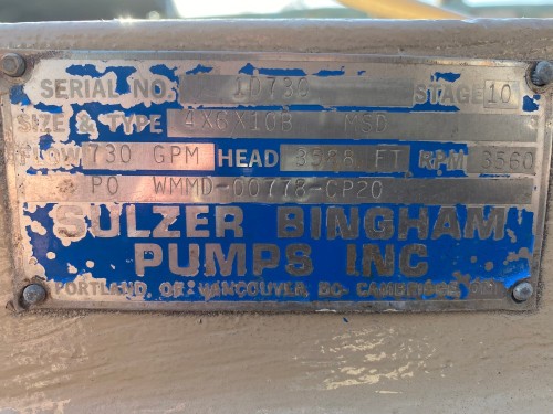 730 GPM @ 3588' TDH, Bingham, 4x6x10B MSD, 10 STG (SS), 3560 RPM