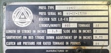 22 Ton, Minster #B1-22, 1-1/2" stroke, 9.75" Shut Height, 2" slide adjustment, 24" x14" bolster