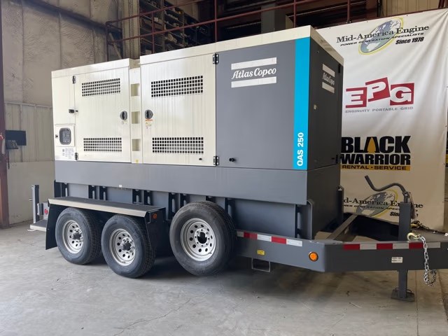 200 KW Atlas Copco #QAS250, diesel generator set, sound attenuated enclosure, multi-voltage, residential