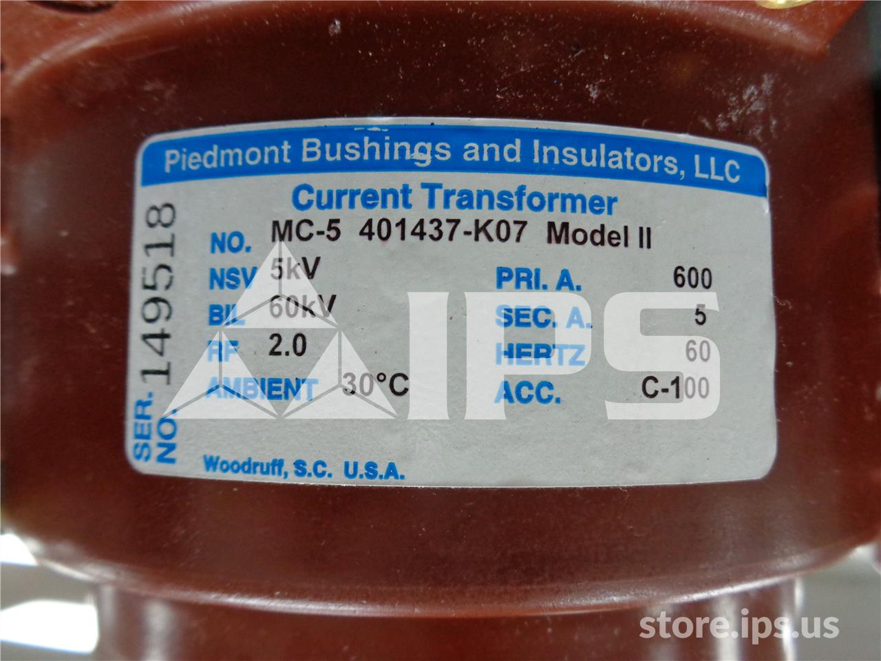 Piedmont Mc-5 Current Transformer 600:5 New C100, 5kv, 60 KV Bil