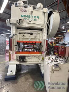 100 Ton, Minster #P2-100-48, straight side double crank, 3" stroke, 17.5" Shut Height, 4" slide adjustment