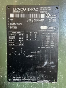 1500 KVA 34500GY/19920 Primary, 208Y/120 Secondary, 3 phase, Padmount Transformer