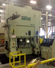 220 Ton, Seyi #SM2-220-1, straight side double crank Press, 7.8" stroke, 18.7" Shut Height, 50-120 SPM