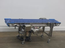 19-1/2" wide x 6.9' long, Alimec, Stainless Steel belt conveyor, mounted on locking casters