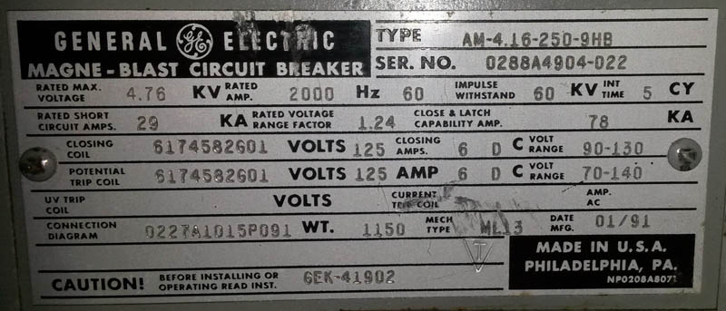 2000 Amp, General Electric, AM4.16-250-9HB, 4160 V, electrically operated, drawout, 125 VDC CL & TR